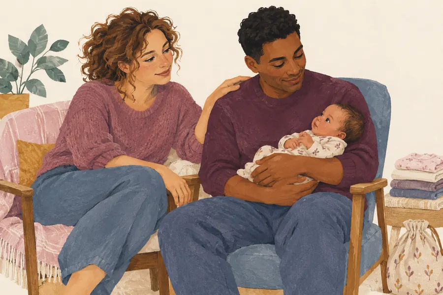 Two parents sharing a calm moment caring for their newborn.