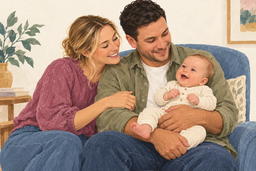 Two parents share a smile while a father holds their baby on his lap.