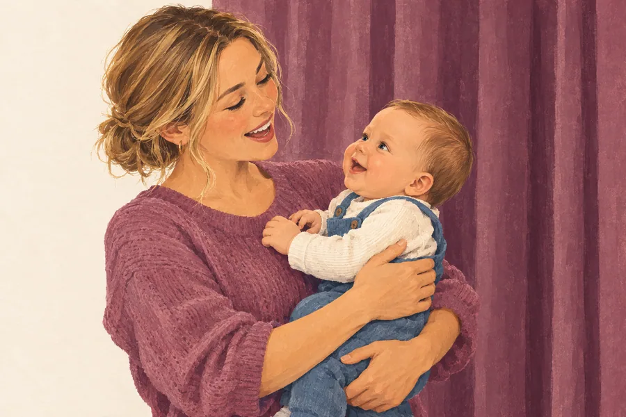A mother sings to her baby while holding them upright.